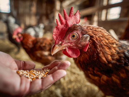 A hand gently offers feed to a lively red hen, surrounded by rustic wooden panels and other chickens pecking nearby, bathed in soft daylight.の写真素材