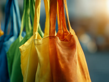 Brightly colored cloth bags sway gently in golden sunlight, illustrating sustainable shopping choices with lively shades of green, yellow, and orange.の写真素材
