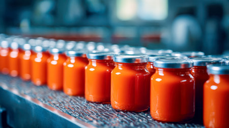 Bright orange condiment bottles glide systematically along a sleek conveyor in a contemporary food plant, with a soft-focus backdrop emphasizing efficiency and preciの写真素材