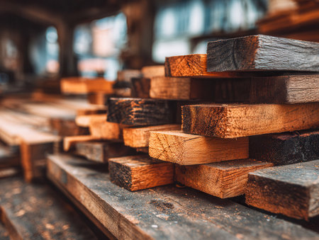 Warm-toned, intricately grained lumber rests neatly in a workshop setting, evoking craftsmanship amidst a backdrop of blurred woodworking tools and busy workspace.の写真素材