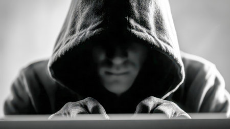 In a shadowy setting, an elusive individual concentrates on their keyboard, concealed by a hood and gloves, embodying themes of concealment and covert activity.の写真素材
