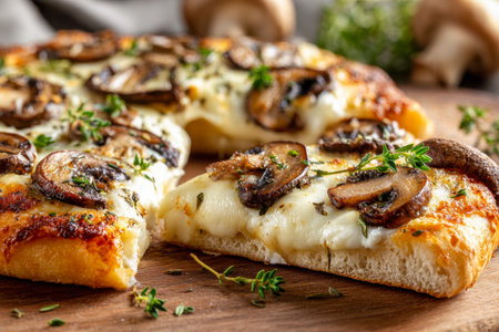 Juicy, golden crust pizza with bubbling cheese, earthy mushrooms, and fragrant herbs, served on a rustic wooden board amidst cozy kitchen surroundings.の写真素材