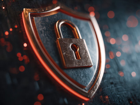 A sleek metallic barrier features a illuminated padlock icon radiating red lights, symbolizing robust digital security and safeguarding sensitive information.の写真素材
