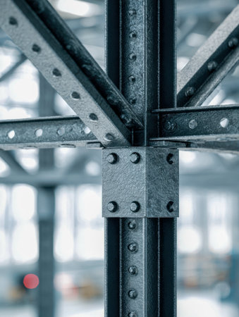 Close-up of a riveted steel joint linking structural beams, with a softly blurred industrial backdrop emphasizing craftsmanship and engineering precision.の写真素材