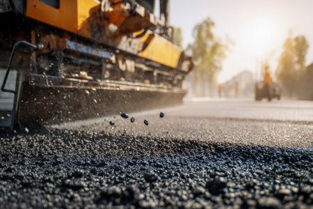 A construction worker guides a compacting machine, as orange gravel and a newly laid asphalt stretch glow under bright sunlight in a busy urban development.の写真素材