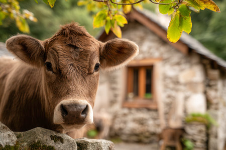 A inquisitive young calf peers over a rough stone barrier, while a quaint countryside cottage fades softly behind vibrant autumn foliage, capturing rural serenity.の写真素材