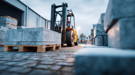 A sturdy forklift lifts rugged stone cargo on wooden platforms amidst a rustic cobblestone yard, bathed in gentle evening light that highlights industrial resilienceの写真素材