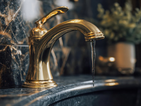 A refined brass tap gently releases droplets onto a sleek dark marble surface, set within an opulent bathroom featuring subtle, sophisticated decor in soft focus.の写真素材