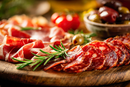 An inviting selection of thinly sliced charcuterie, aromatic rosemary sprigs, glossy olives, and ripe cherry tomatoes arranged on a weathered wooden surface, perfectの写真素材