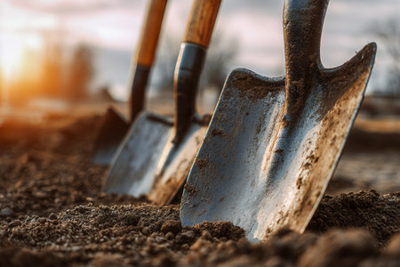 Weathered shovels embedded in rich, damp earth as the sun dips below the horizon, signaling preparation for a new gardening season.の写真素材