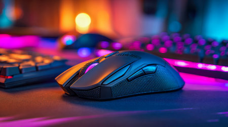 A sleek gaming mouse with customizable side buttons and vivid rgb illumination sits atop a vibrant desk, illuminated by a glowing backlit keyboard in an energetic seの写真素材