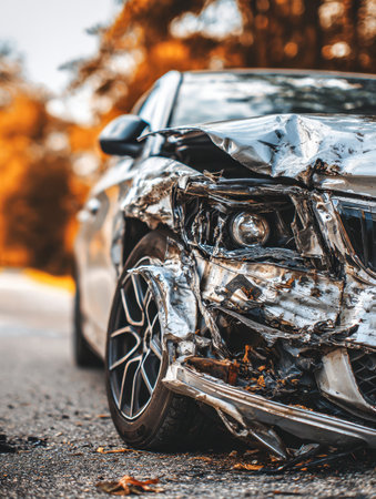 A contemporary vehicle with visible front-end crash damage rests on a roadside amid vibrant fall leaves, illuminated by gentle sunlight creating a somber autumn sceneの写真素材
