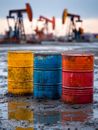 Brightly colored barrels cast vivid reflections on wet, uneven ground beneath gray skies, with towering drilling structures looming in a gritty industrial landscape.の写真素材
