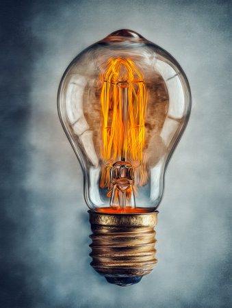A warm, luminous filament bulb emits a gentle glow, set against a textured, shadowy backdrop that evokes inspiration and the spark of new ideas.の写真素材