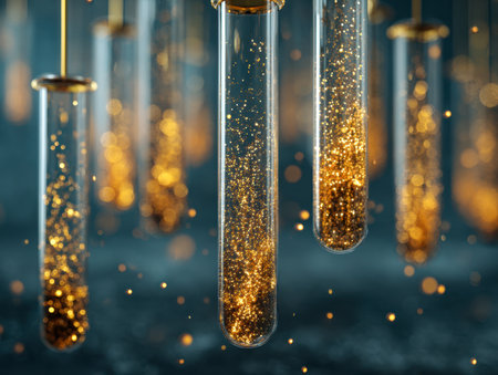 Delicate glass cylinders hover in space, radiating shimmering amber specks that evoke enchantment and wonder against a softly blurred, midnight backdrop.の写真素材
