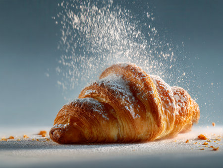 A warm, buttery pastry with crisp, layered folds glistens in soft light as fine sugar dust drifts down, paired with scattered crumbs on a sleek surface under a calmの写真素材