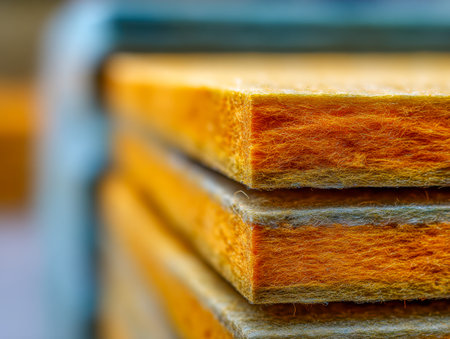 A close-up of layered yellow fiberglass boards, revealing their intricate fibrous surface designed to enhance building insulation for heat and sound control.の写真素材