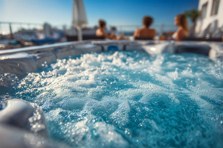 Three friends unwind in a steaming outdoor hot tub, basking in sunlight while gazing at the vibrant cityscape beyond, capturing a moment of leisure and connection.の写真素材