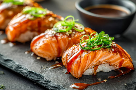 Elegant slices of glazed salmon sushi garnished with vibrant green onions and toasted sesame seeds, accompanied by a rich soy sauce on a sleek dark stone serving plaの写真素材