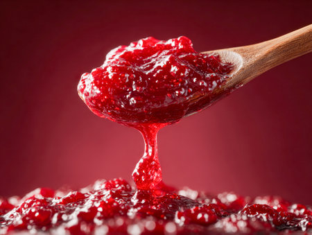 A rustic wooden spoon holds a generous scoop of luscious, ruby-red jam, its thick, shiny surface glistening and dripping, set against a deep red backdrop perfect forの写真素材