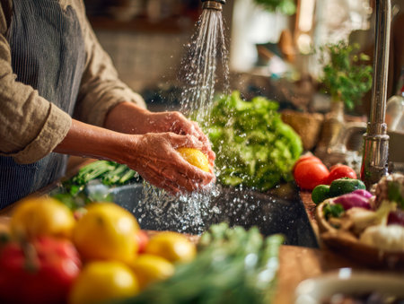 A hands-on moment in a cozy kitchen, as someone rinses colorful produce amid a backdrop of lush vegetables and fruits, gearing up for a home-cooked feast.の写真素材