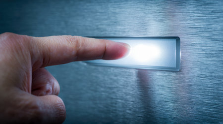 A single human finger presses a glowing, high-tech interface on a polished metal panel, emphasizing innovative design and advanced digital interaction in low-light sの写真素材