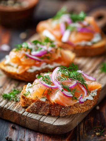 A charming wooden platter showcases golden toast layered with luscious smoked salmon, herb-infused spread, fragrant dill, and delicate red onion slices, perfect forの写真素材