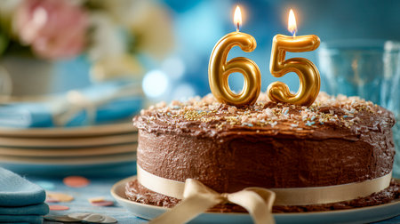 A rich chocolate cake adorned with shimmering gold candles marking 65 years, colorful sprinkles, and cheerful party decorations creating a joyful celebration atmosphの写真素材