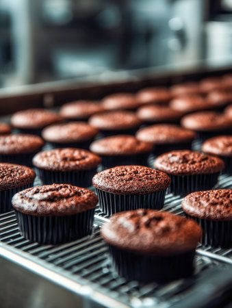 Warm natural light accentuates glossy, chocolatey muffins resting on metal racks, capturing the inviting aroma and rich textures of freshly baked goodies.の写真素材