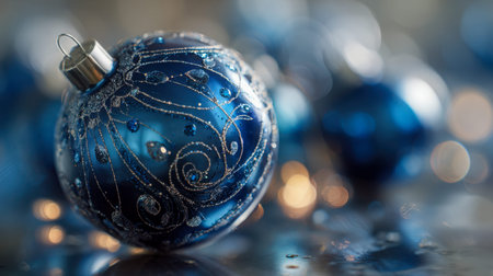 Delicate blue baubles adorned with detailed silver patterns gently shimmer among cozy, warm lights, evoking a festive and inviting holiday atmosphere.の写真素材