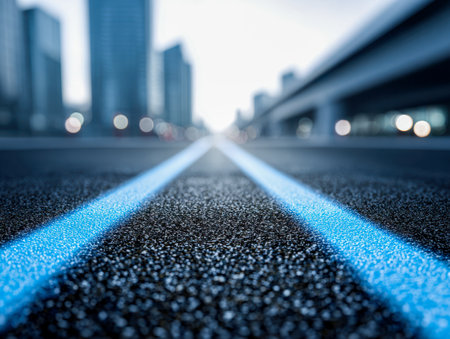 A dawn-lit urban landscape where luminous blue pathways weave through sleek skyscrapers and elevated highways, shrouded in mist.の写真素材
