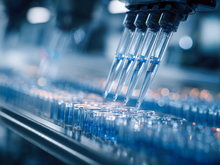 Precision robotic tools carefully transfer fluid into a series of miniature containers, enabling cutting-edge experiments and detailed chemical investigations.の写真素材