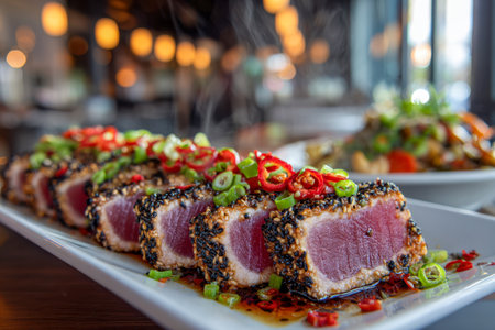Thin, perfectly seared tuna slices topped with sesame seeds, accented by vibrant chili strips and scallions, presented on a sleek white platter amid a cozy dining amの写真素材