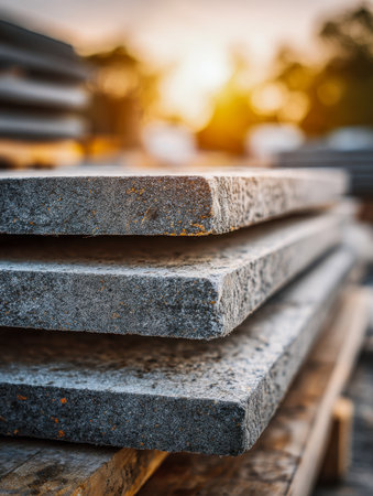 Sunlit concrete slabs arranged on pallets evoke a rustic outdoor workspace, capturing the essence of construction planning under a golden dusk sky.の写真素材