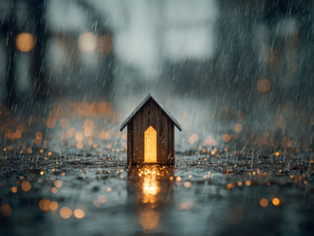 A cozy wooden cabin emits a inviting glow amid a torrential downpour, with shimmering reflections rippling across the glistening pavement and distant city lights sofの写真素材