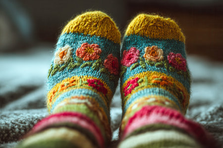 Vibrant floral-patterned knit socks nestled on a plush surface, creating a comforting and inviting atmosphere perfect for leisurely indoor moments.の写真素材