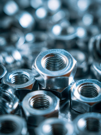 A collection of polished steel fasteners with precise threading, layered in a dynamic heap that highlights industrial strength and precision craftsmanship under a slの写真素材