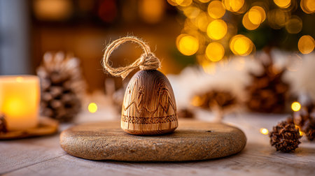 A charming wooden bell with aged rope rests on a textured stone surface, framed by flickering candles and pine cones, evoking cozy holiday cheer amid shimmering bokeの写真素材