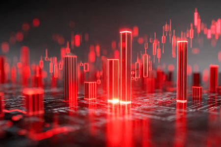 A sleek, high-tech visualization featuring crimson illumination, combining modern bar and candlestick charts to depict dynamic market fluctuations in a futuristic seの写真素材