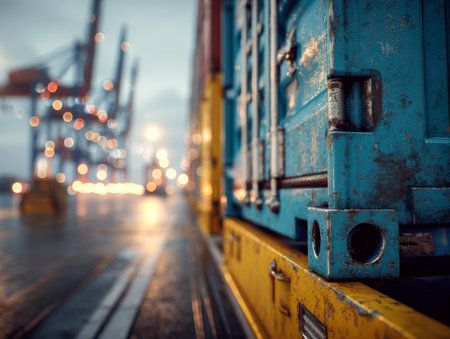 A weathered blue shipping crate rests atop a vibrant yellow structure, with shifting port cranes and shimmering lights fading into twilight behind it.の写真素材