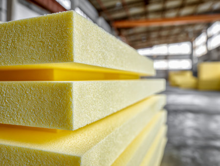 Rows of vibrant yellow foam panels are neatly stacked in an expansive warehouse, with a blurred backdrop emphasizing the textured, flexible material suited for indusの写真素材