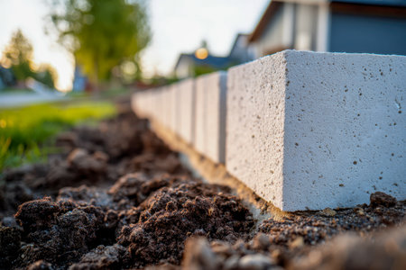 A neat row of bright white concrete edging stones rests atop freshly loosened earth, awaiting installation to define a cozy backyard garden during warm golden light.の写真素材
