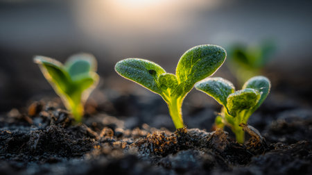 Tiny vibrant seedlings burst through dark, fertile earth as gentle morning light bathes them, capturing the promise of vitality and ecological rebirth.の写真素材