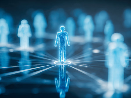 A luminous blue humanoid silhouette intertwined with a web of neon-lit data nodes, illustrating interconnectedness and digital communication in a modern era.の写真素材