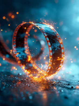 An illuminated antique film reel coils gracefully atop a rough surface, surrounded by luminous sparks in a dreamlike blue and amber cinematic setting.の写真素材