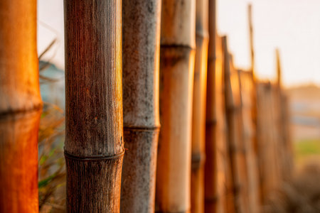 Gentle sunset light bathes a weathered bamboo barrier, with a blurred lush landscape behind, evoking serenity and the simple beauty of outdoor life.の写真素材