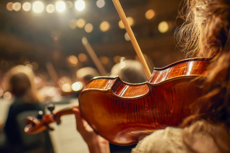 A skilled violinist captivates the audience under gentle amber lighting, with soft-focused ensemble members enhancing the sophisticated ambiance of a classical conceの写真素材