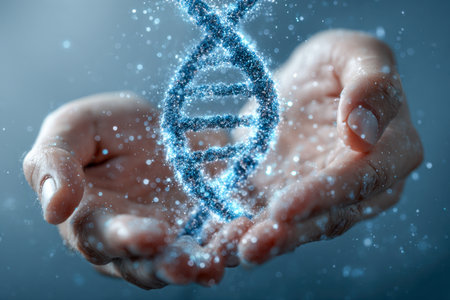 A pair of hands cradle a glowing, intricate double helix surrounded by radiant particles, embodying breakthroughs and advancements in genetic research and technologの写真素材