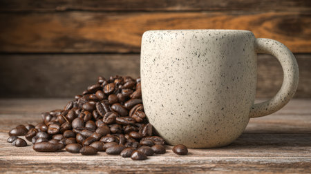 A handcrafted ceramic cup sits beside dark, aromatic beans on aged wood, set against a warm, textured backdrop that evokes comfort and inviting morning rituals.の写真素材