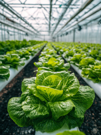 Vibrant lettuce seedlings flourishing in organized rows under a bright, airy greenhouse with sunlight softly streaming through its sleek, glass-panel ceiling.の写真素材